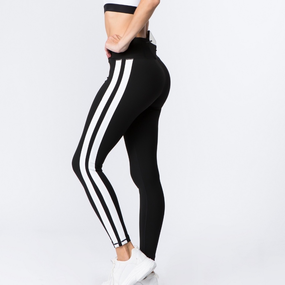 Yelete Women Black Active Athletic Sporty Double Striped Black Leggings Size L